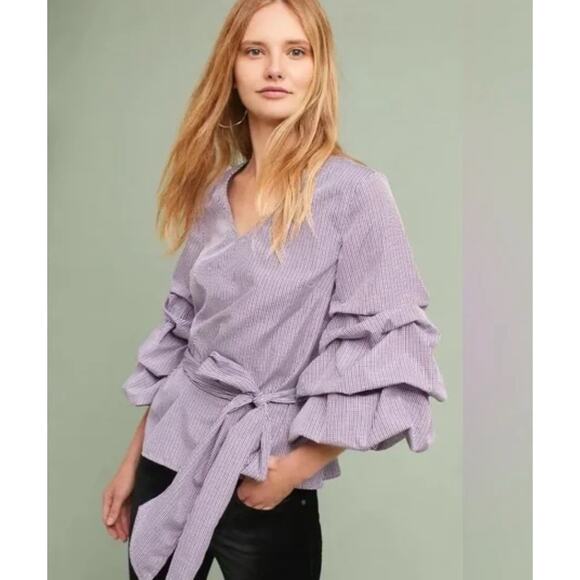 Anthropologie Tops - Sunday in Brooklyn By Anthropologie Purple Gingham Blouse Plaid Puff Sleeve S